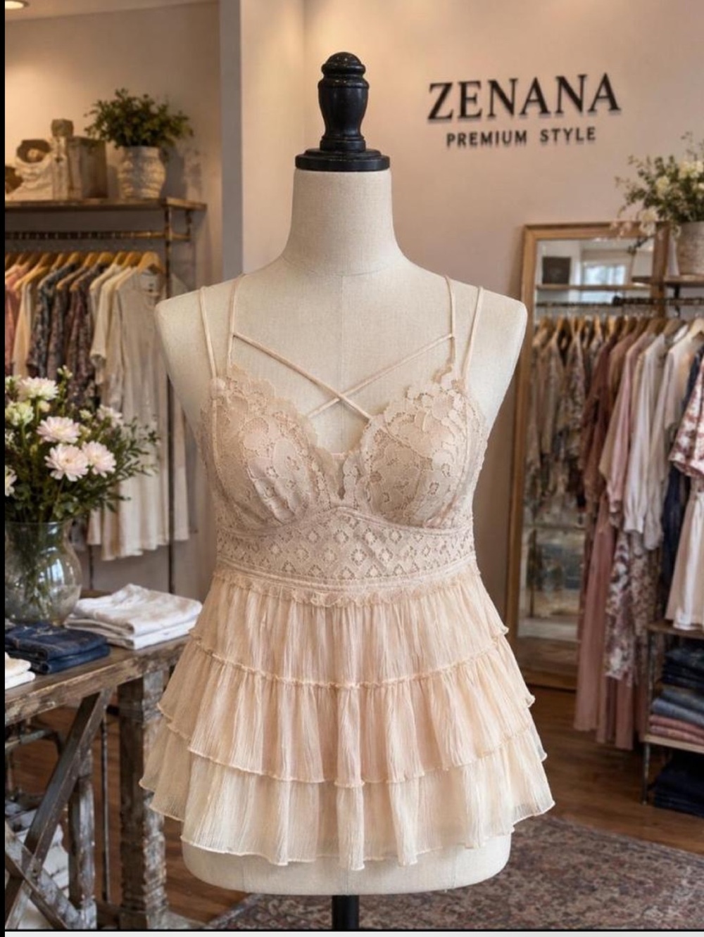 Zenana Outfitters Lace Tiered Ruffle Chemise - Blush